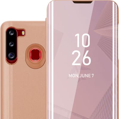 Cadorabo Hoesje geschikt voor Samsung Galaxy A21 in KUNZIET ROZE - Clear View Spiegel Beschermende Case met Tribunefunctie 360 Graden Bescherming Book Case Cover Etui