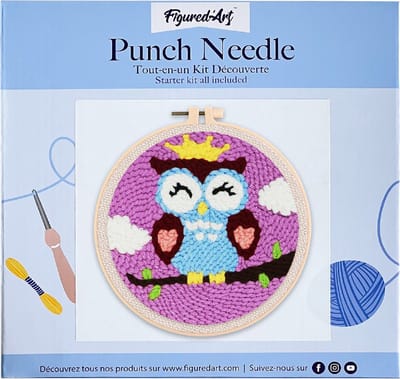 Figured'Art Punch Needle Kit voor Volwassenen en Kinderen - Slaperige Uil - Perfect voor Beginners. Compleet klaar-om-te-borduren set, maat 20x20 cm met ronde frame
