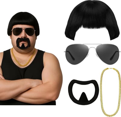 Final Boss Kostuum Accessoire Set met Komvormige Perücke, Gouden Ketting, Boss Bril en Baard voor een Grappig Halloween Feestje