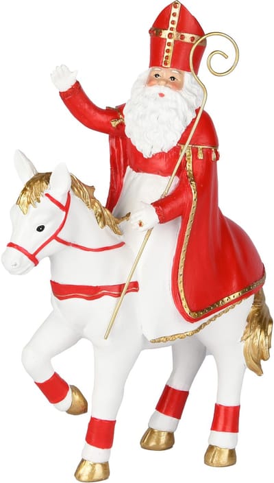 Dekoratief | Sint op paard, rood/wit, resina, 16x10x24cm | A255068