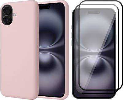 Hoesje geschikt voor iPhone 16 - 2x Screenprotector Volledig Dekkend Glas - Matte Case Roze met Fluweelzachte Binnenzijde