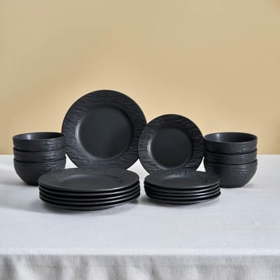 Karaca Solem Embossed, 18-delig servies van steengoed, zwart, elegant servies met borden en kommen, ideaal voor 6 personen