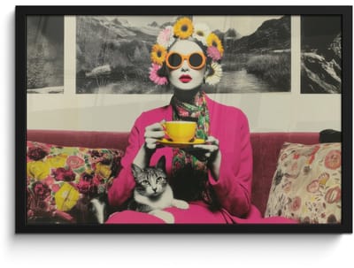Poster in lijst - Fotolijst 60x40 cm - Posters - Vrouw - Kat - Bloemen - Kopje - Retro - Posterlijst zwart - Decoratie - Wanddecoratie woonkamer - Muurdecoratie slaapkamer