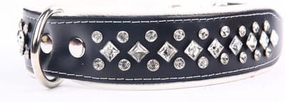 Dog's Companion Leren Halsband - met Strass Kristallen - Lengte: 45 cm Verstelbaar van 32-41 cm x 40 mm - Zwart/Wit