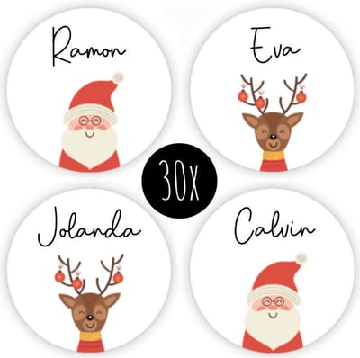 30x Kerst Stickers / Naamstickers | rond | beschrijfbaar | sticker naam | 35 mm | KERSTMAN + RENDIER