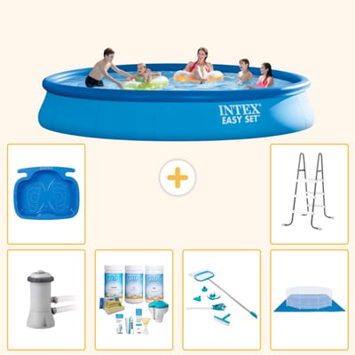Intex Rond Opblaasbaar Easy Set Zwembad - 457 x 84 cm - Blauw - Inclusief Pomp - Onderhoudspakket - Schoonmaakset - Grondzeil - Voetenbad - Ladder - 7-delig