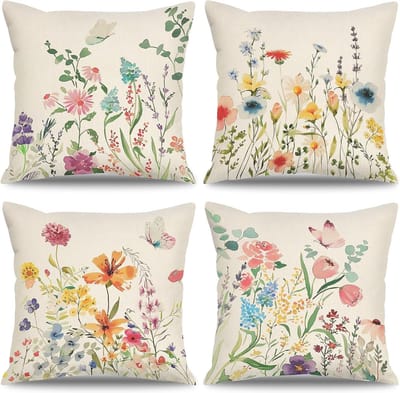 SnelShoppen - Set van 4 Kussenhoezen 45x45 cm Bloemen Vlinder Decoratieve Kussens voor Tuin, Terras, Woonkamer, Boho Stijl, Lente en Zomer Decoratie