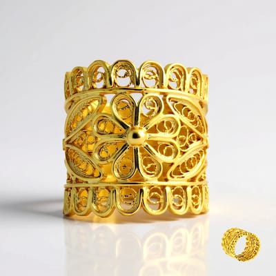 Cavill - Vergulde Zilveren Ring 925 Sterling - Brede Filigraan Bloemring - Luxe Elegante Unieke Damesring - Goudkleurig Zilver - Statement Sieraad