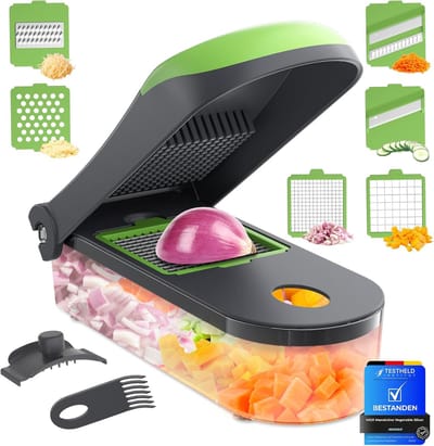 Famanu – 6-in-1 Professionele Groentesnijder – Mandoline met opvangbak, vaatwasmachinebestendig – 1200 ml