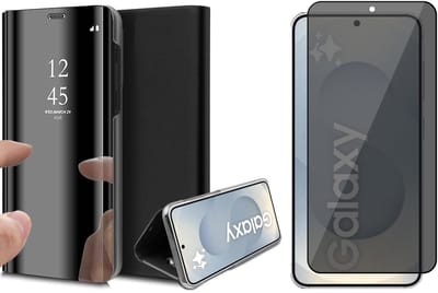 Hoesje geschikt voor Samsung Galaxy S25 - Privacy Screenprotector Volledig Dekkend Glas - Spiegel Book Case Zwart