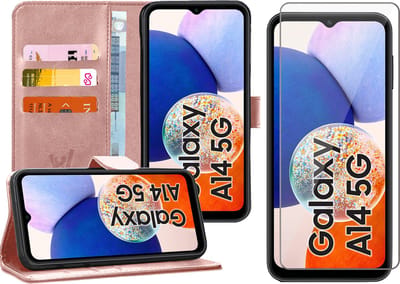 Hoesje geschikt voor Samsung Galaxy A14 - Screen Protector GlassGuard - Book Case Kunstleer Pasjeshouder Roségoud & Screenprotector