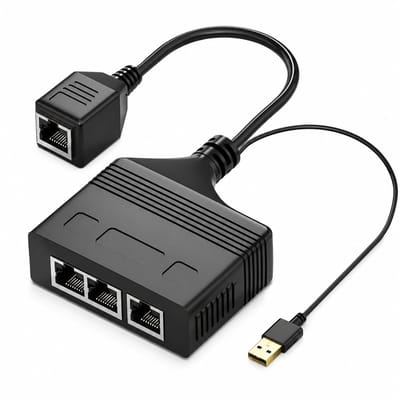 DrPhone NetPort 2 RJ45 Ethernet Splitter Adapter – 1 naar 3 Poorten – 100 Mbps – USB Voeding + Extra RJ45 Vrouwelijk – Zwart