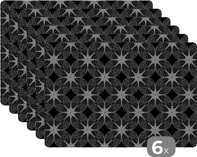 Placemat - Placemats kunststof - Kompas - Patronen - Zwart Wit - 45x30 cm - 6 stuks - Hittebestendig - Anti-Slip - Onderlegger - Afneembaar