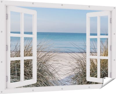 Gards Tuinposter Doorkijk Strand en Zee vanuit de Duinen - 180x120 cm - Tuindoek - Tuindecoratie - Wanddecoratie buiten - Tuinschilderij