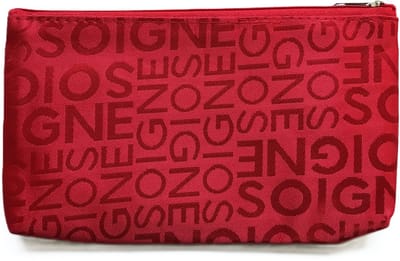Klein make-up tasje / toilettasje / organizer / etui - rood - mat met glanzende woorden SOIGNE - met rits - waterafstotend - afmeting 18,5 x 10,5 x 2 centimeter