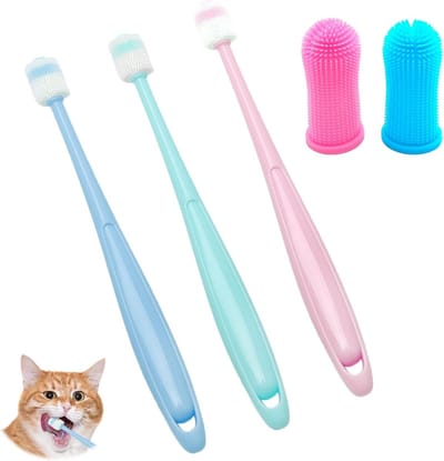 Complete Tandverzorgingsset voor Katten, Inclusief 3 Stukken Katten Tandenborstels en 2 Stukken 360 Graden Tandenborstels, Zacht Silicoon, Herbruikbaar, Ideaal voor Kleine Huisdieren, Roze Blauw Groen