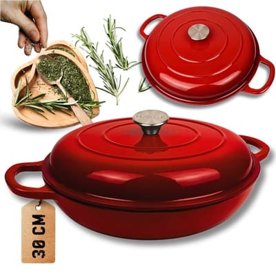 Hage - Braadpan - Geëmailleerde Gietijzeren Braadpan - Cast Iron Casserole - Geschikt voor Inductie, Gas & Oven - Inclusief Pannenonderzetter & Handgreepbeschermers - 3 Liters - Ø30 x 10.5 cm - Rood
