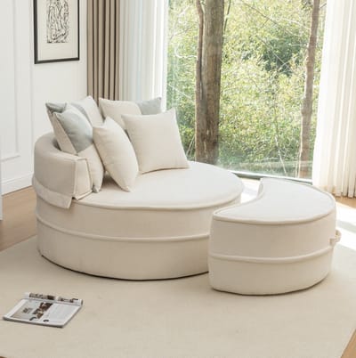 MODENUIT Loungesessel 121 cm - Met Ottomane En 5 Kussens - Voor Woonkamer En Slaapkamer - Chenille Beige