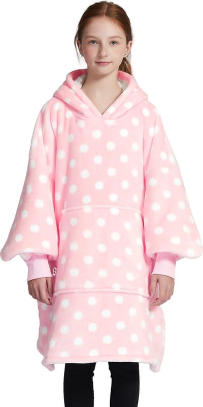 JAXY - Hoodie Deken Kinderen - Fleece Deken Met Mouwen - Snuggle Hoodie - Oodie Kids - 1150 gram - Roze Stip