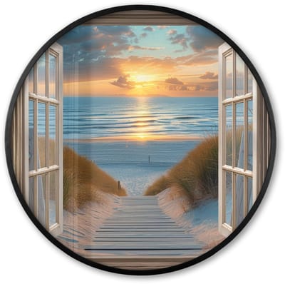 Poster in lijst Rond - Fotolijst 60x60 cm - Posters - Doorkijk - Strand - Pad - Zonsondergang - Ronde posterlijst zwart - Decoratie - Wanddecoratie woonkamer - Muurdecoratie slaapkamer