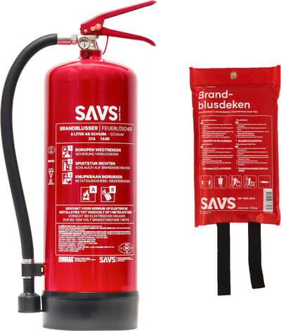 SAVS Brandblus box - Schuim Groot - Brandblusser schuim 6 liter & Blusdeken 120 x 180 cm - Blusrating 21A 144B - Met montagebeugel & ophangoog - Schuimblusser & Branddeken voor o.a. thuis & bedrijf