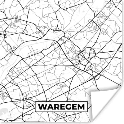 Poster Zwart Wit – België – Plattegrond – Stadskaart – Kaart – Waregem - 100x100 cm XXL
