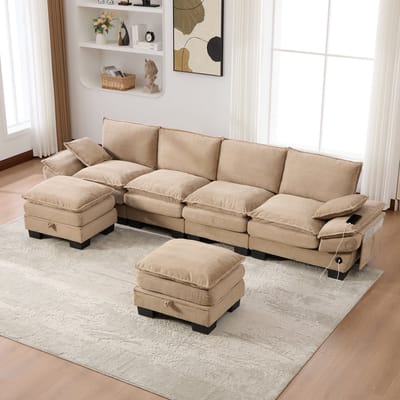 MODENUIT Hoekbank 330 x 132 cm - Modulaire 4-Zits Met 2 Hockers En Usb-C - Voor Woonkamer - Corduroy Khaki