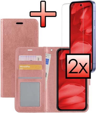 Hoesje - Met 2x Screenprotector - Geschikt voor Google Pixel 9a - Luxe Pasjeshouder - Bookcase Portemonee - Flip Case - Kunstleer Book Case - Flipcase Hoes - Book Cover - Walletcase - Portemonneehoes - Rosé goud