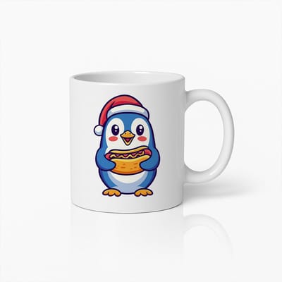 Schattige Pinguïn Mok met Kerstmuts en Burger – Grappige Kerst Keramische Koffiebeker – 330ml