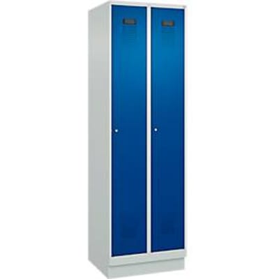 C+P Evolo Plus garderobekast, 2 vakken, 300 mm vakbreedte, met plint, rechts scharnierend, cilinderslot, soft-close, inbraakwerend, B 600 x D 500 x H 1950 mm, lichtgrijs RAL 7035/enziekblauw RAL 5010
