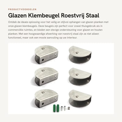 Dailygoods- Klembeugel Roestvrij Staal - Wandmontage - Plank Clips - Ondersteuning - Pack van 6 - Geschikt voor Glas 6-10 mm - Plankbeugel