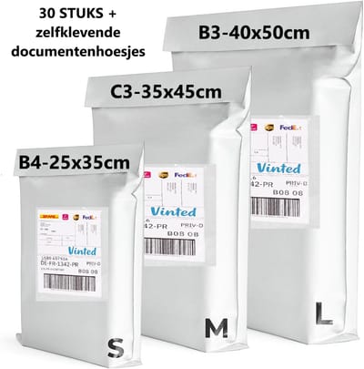 Verzendzakken 30 stuks - Zelfklevend en duurzaam - 3 verschillende maten B4 C3 B3 en A6- Packing List enveloppen- Ideaal voor pakketten - Kleding schoenen boeken Vinted verzendverpakking