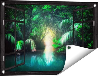 Gards Tuinposter Doorkijk Tropische Jungle met een Turquoise Meer - 60x40 cm - Tuindoek - Tuindecoratie - Wanddecoratie buiten - Tuinschilderij