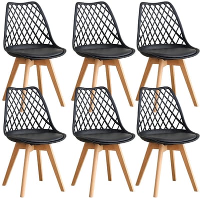 QUESTYR Set van 6 Eetkamerstoelen – Zwart – Scandinavisch Design – Mesh Rugleuning & Houten Poten – Comfortabele PU‑Lederen Stoelen voor Keuken & Eetkamer