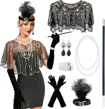 1920s Accessoires voor Vrouwen - Zwarte Flapper Kostuum Set voor Great Gatsby Themafeest, Prom en Halloween
