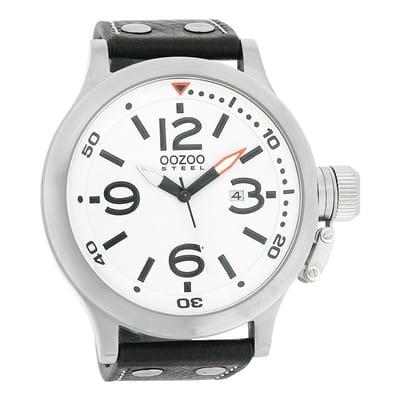 OOZOO Timepieces - Zilverkleurige horloge met zwarte leren band - OS041