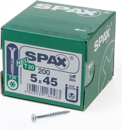 Spax Spaanplaatschroef platverzonken kop verzinkt T-Star T20 deeldraad 5.0x45mm (per 200 stuks)
