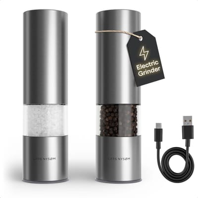 LARS NYSØM Elektrische Zout- en Pepermolen | Automatische Molen Set van Roestvrij Staal met Instelbare Keramische Maalwerk | USB-Oplaadbare Kruidenmolens met LED-verlichting (Stainless Steel)