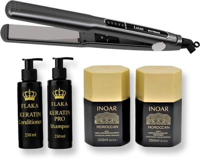 Inoar Moroccan Kit 250 ML & Lizze | Extreme Titanium Hair Straightener | Stijltang | 250°C / 220V & Glanzend Haar & Shampoo & Conditioner na Keratinebehandeling