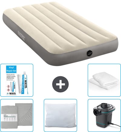 Intex Luchtbed - 1-Persoons - 99 x 191 x 25 cm - Beige - Inclusief Hoeslaken - Kussen - Pomp - Reparatieset en Kussenbeschermer