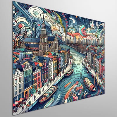Line art amsterdam schilderij | Amsterdam Lines: A Vibrant Fusion of Art and Urban Culture | Kunst - 80x80 centimeter op Dibond | Foto op Dibond