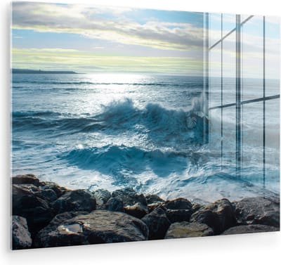 MuchoWow® Glasschilderij 120x90 cm - Schilderij acrylglas - Zee - Stenen - Zon - Foto op glas - Muurdecoratie woonkamer - Wanddecoratie slaapkamer - Schilderijen
