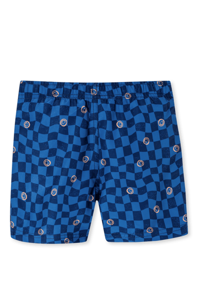 Zwemshort van geweven stof met ruitjesmotief en smiley, indigo - aquablauw 92