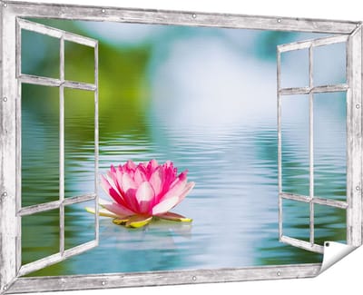 Gards Tuinposter Doorkijk Roze Lotusbloem op het Water - 180x120 cm - Tuindoek - Tuindecoratie - Wanddecoratie buiten - Tuinschilderij