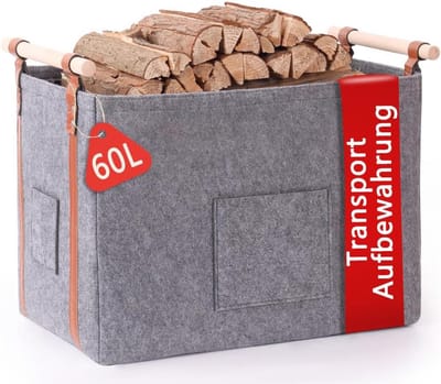 XXL houten mand voor haardhout - 60 liter, vilten tas met houten handvat voor opslag en transport