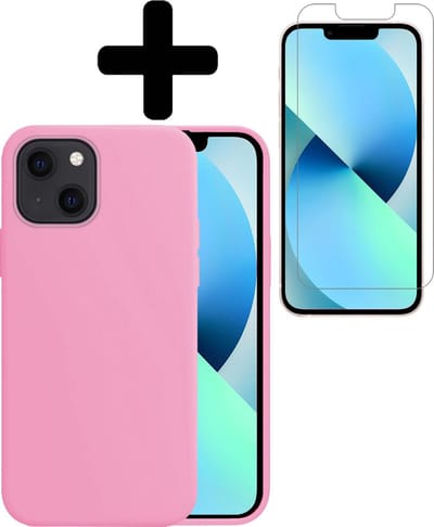 Hoesje - Met Screenprotector - Geschikt voor Apple iPhone 13 Mini - Sterk & Shockproof - Telefoon Hoes - Back Cover - Siliconen Case - Telefoonhoes - Lichtroze
