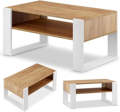 Salontafel met Opbergruimte - 92 cm - Eiken - Wit - Voor Woonkamer en Bank