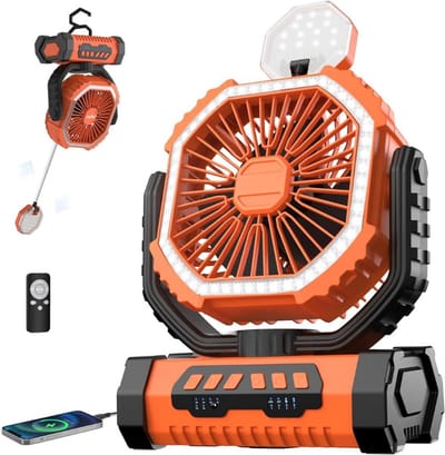 Thuys – Camping Ventilator – Met Verlichting – 20000Mah Oplaadbare Batterij – 360° Draaibare Haak – Oranje