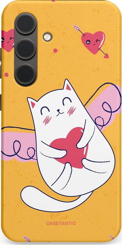 Casetastic Hoesje Geschikt voor Samsung S24 - Stijlvolle Beschermende Duo-layer Case - Kattenflirt Geel Rode Hartjes Liefde