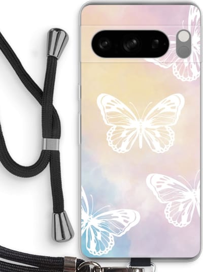 Case Company® - Hoesje met koord geschikt voor Google Pixel 8 Pro hoesje met Koord - White butterfly - Telefoonhoesje met Zwart Koord - Bescherming aan alle Kanten en Over de Schermrand